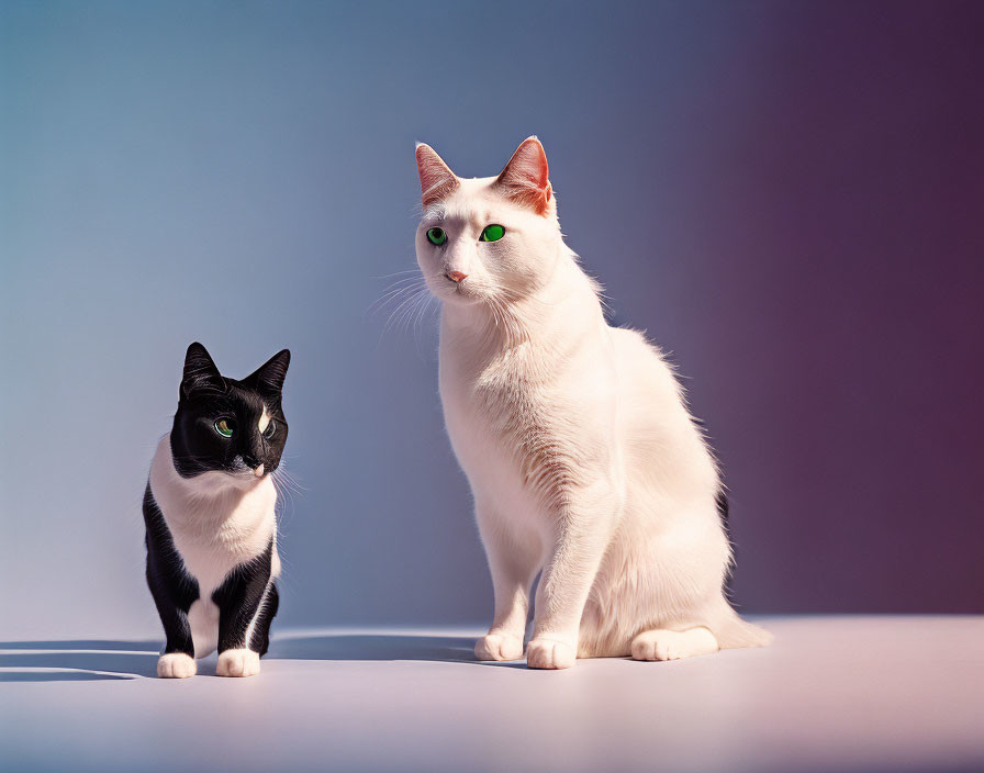 Two Cats Sitting Together on Purple Background