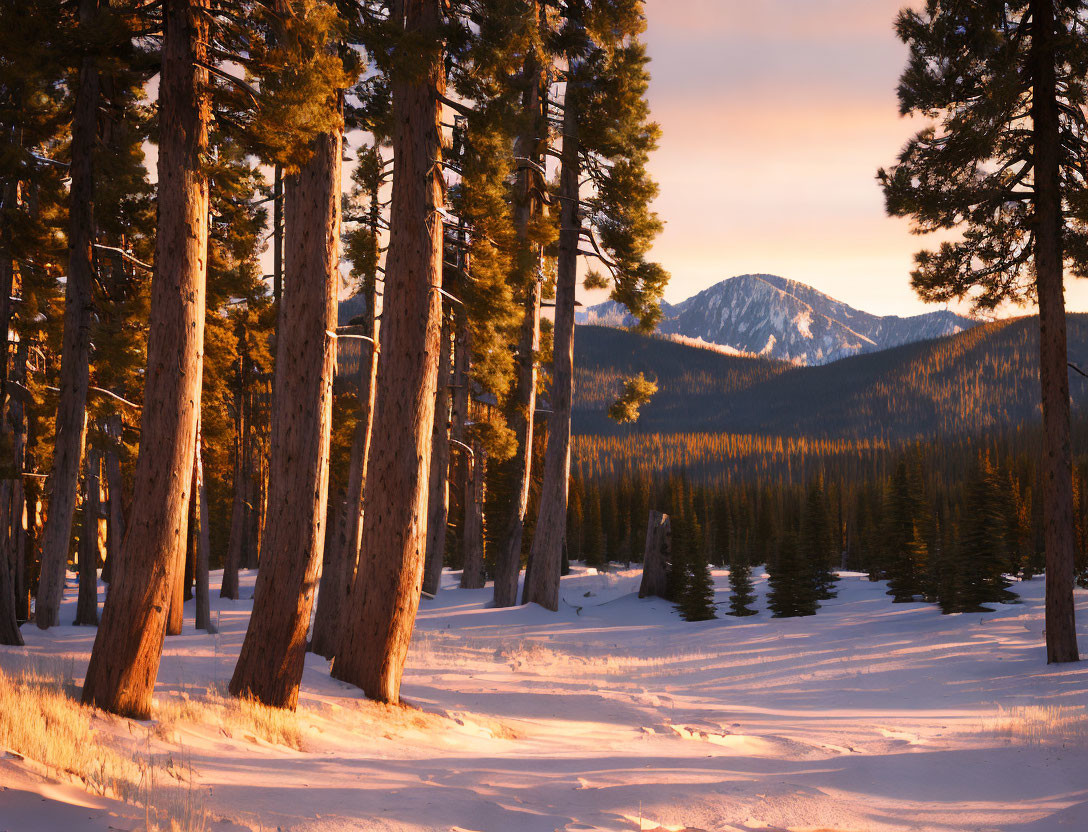 Snow-covered forest at sunset with tall pine trees and mountain.