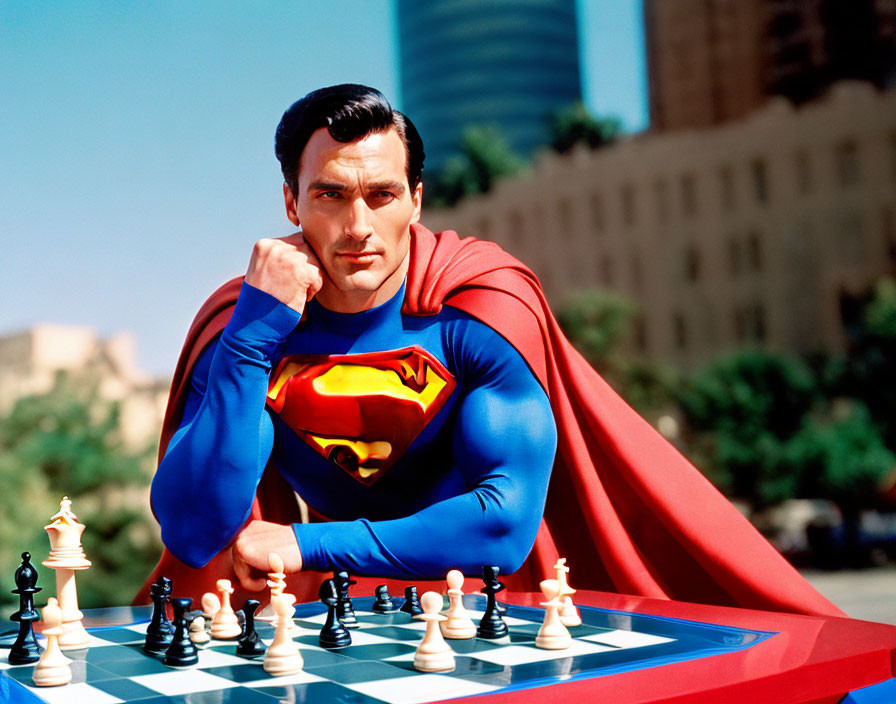 Superhero Contemplating Chess Move Outdoors