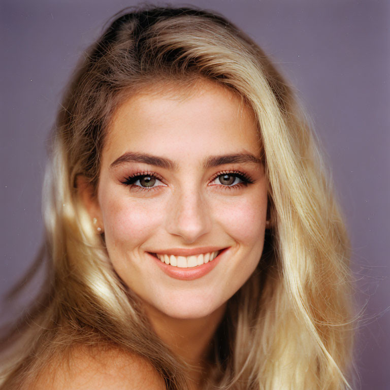 Blonde woman with clear skin and dark eyes in minimal makeup on purple backdrop