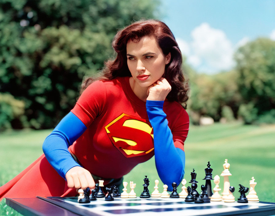 Woman in Supergirl costume playing chess outdoors