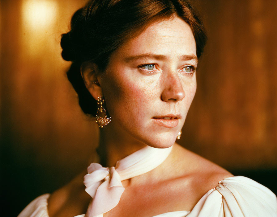 Contemplative woman in off-shoulder dress with dangling earrings