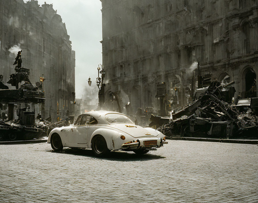 Vintage White Car on Chaotic Cobblestone Street with Debris and Smoke