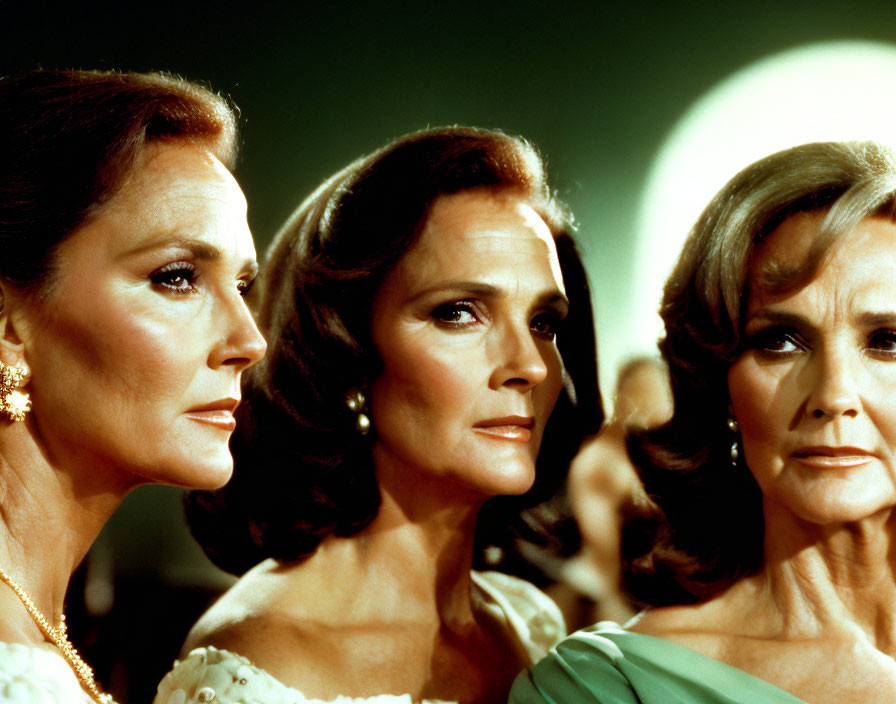 Three women with similar features, makeup, and hairstyles in a mirrored row.