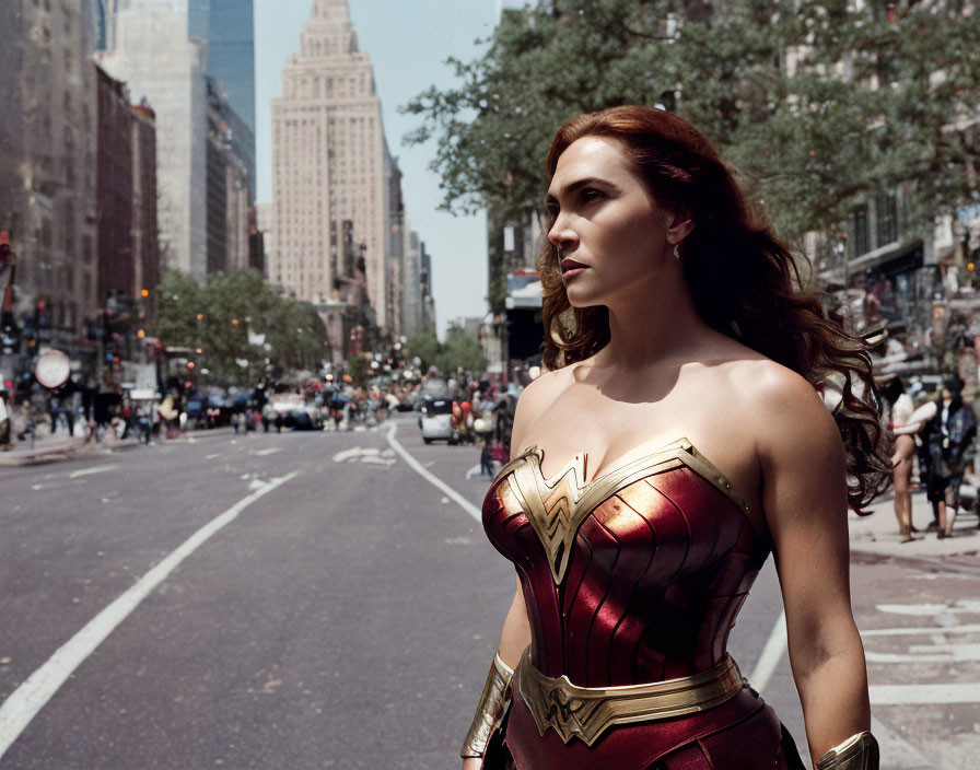 Superhero woman in costume on city street with cars and pedestrians