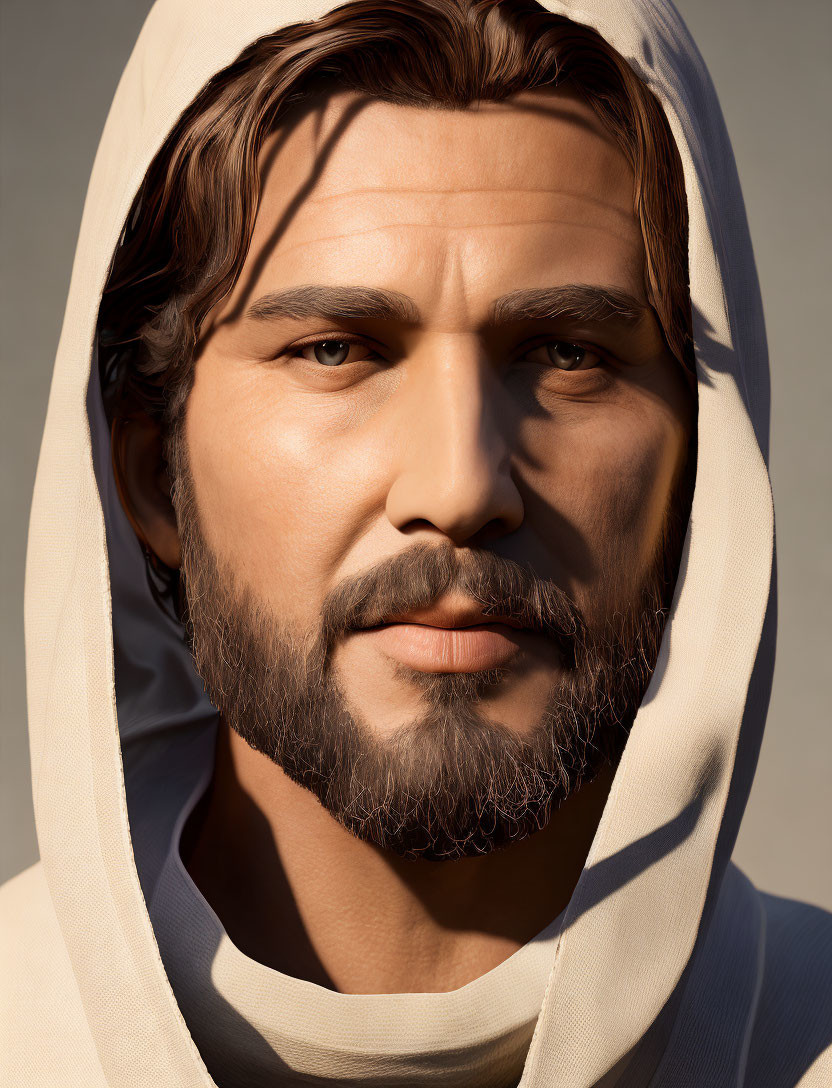 Detailed digital portrait of a man with hood, facial hair, piercing gaze, and subtle expression