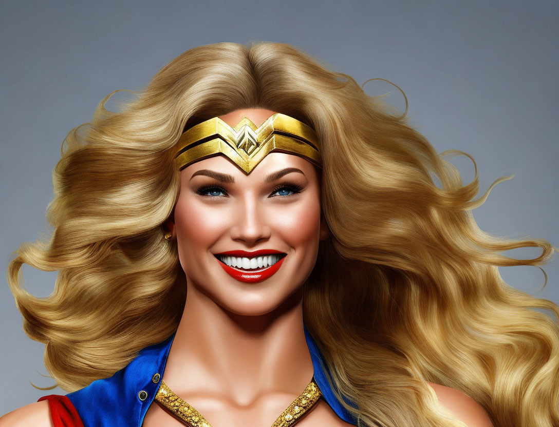 Blonde woman in Wonder Woman costume with tiara portrait