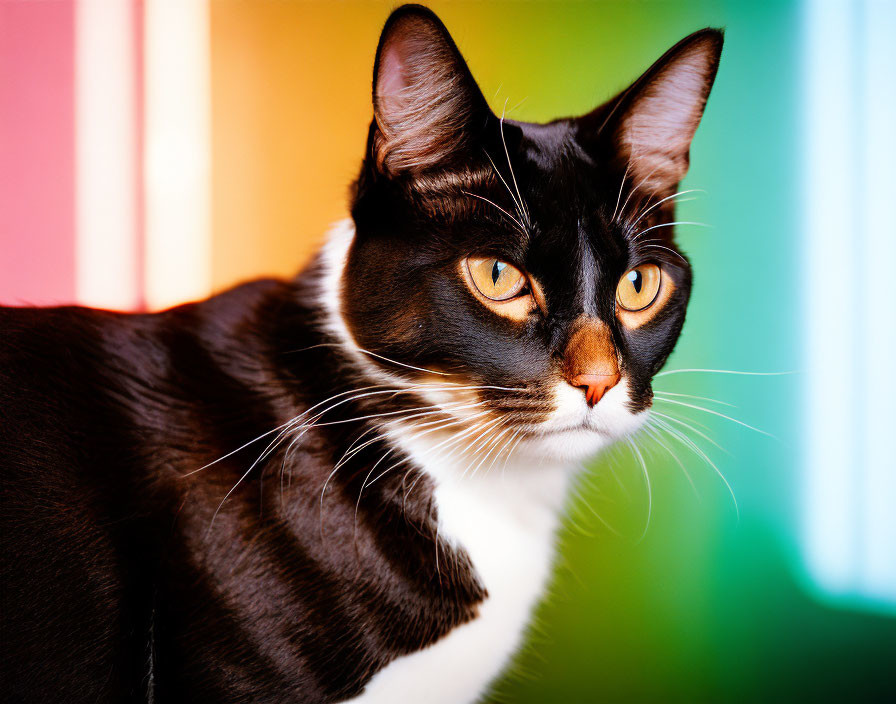 Striking amber-eyed black and white cat on vibrant multicolored backdrop