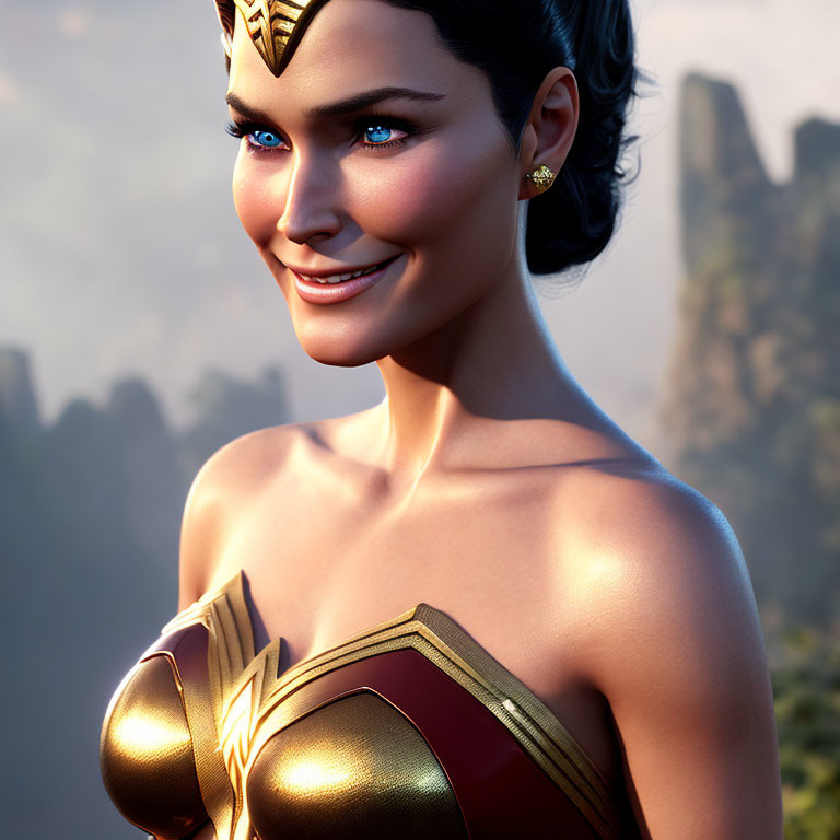 Smiling female superhero in red and gold costume with tiara in 3D render