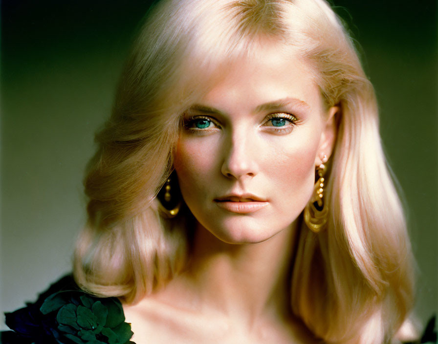 Blonde woman with blue eyes in black outfit and gold earrings