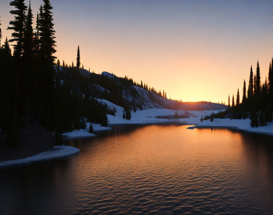 Tranquil Mountain Lake Sunset with Silhouetted Pine Trees