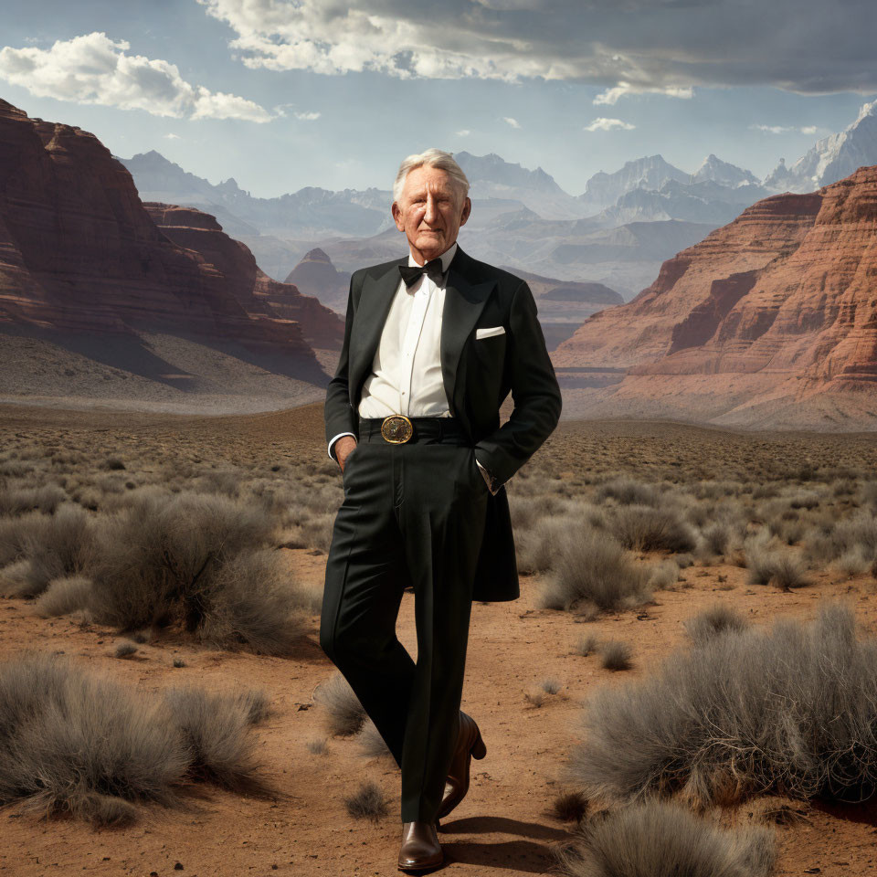 Elderly gentleman in black tuxedo poses in dramatic desert landscape