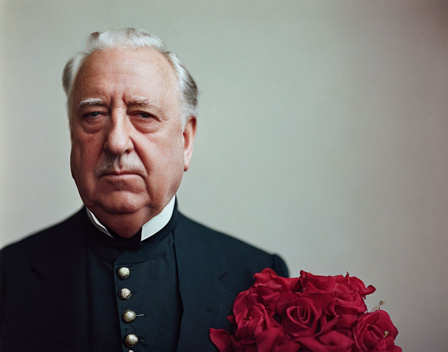 Elderly Man in Black Suit with Red Roses Bouquet