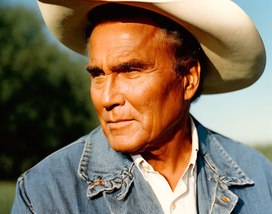 Man in white cowboy hat and denim shirt outdoors with green field and blue sky