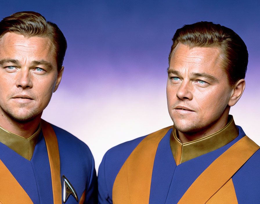 Identical male figures in blue and orange Star Trek uniforms on blue background