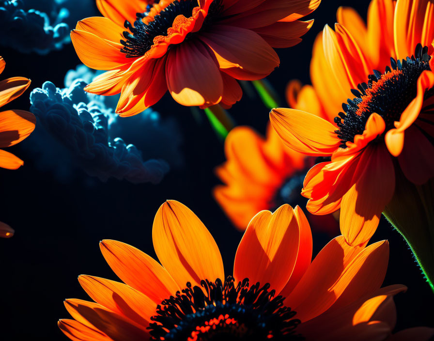 Bright Orange Flowers with Dark Centers on Dark Background and Blue Neon Glow