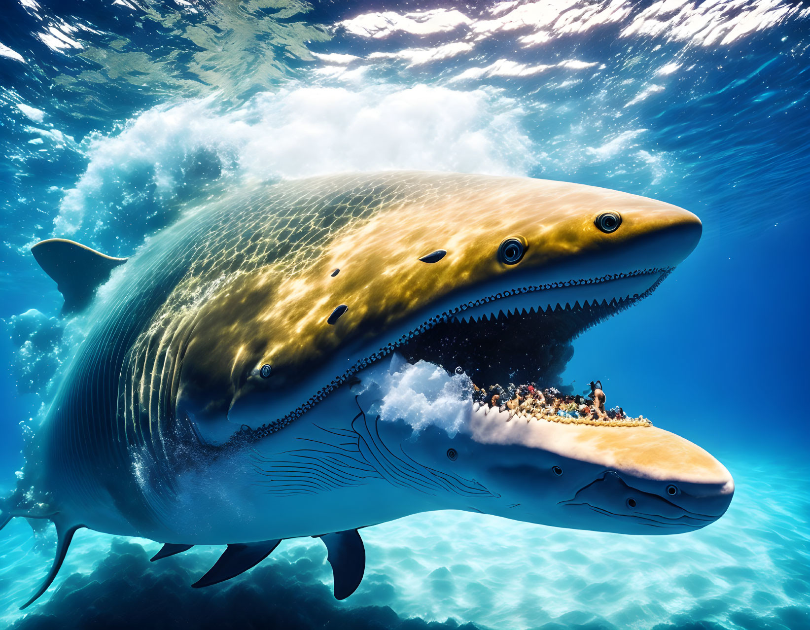 Giant Banana Shark Hybrid Swimming Underwater with Dramatic Lighting