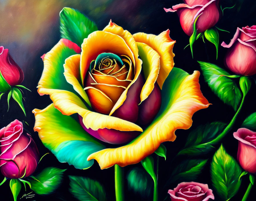 Detailed Painting of Large Yellow Rose with Red Tips and Pink Roses on Dark Background