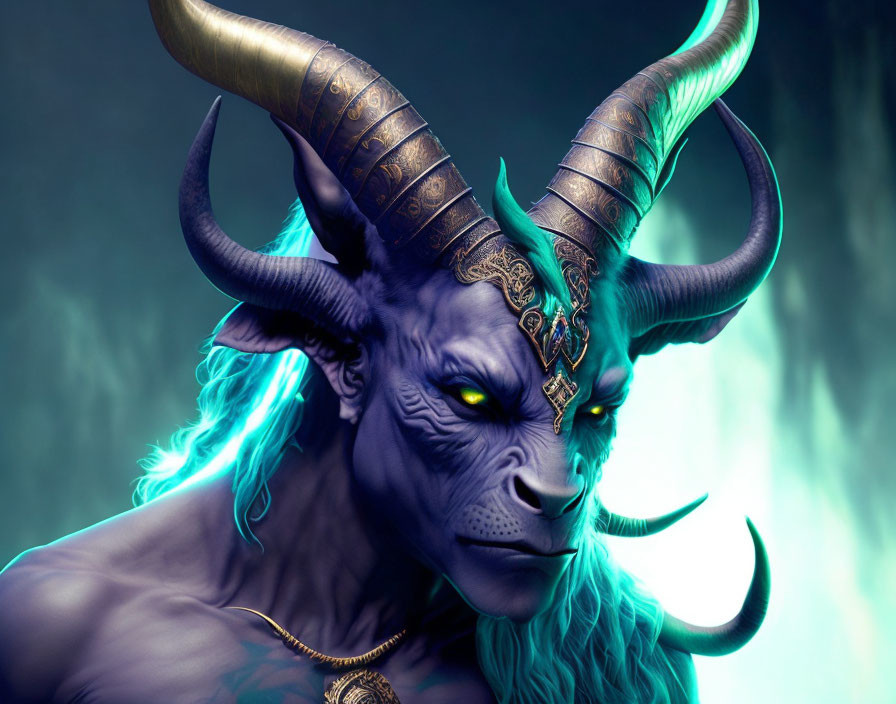 Blue-skinned humanoid creature with glowing eyes and golden headgear in digital art