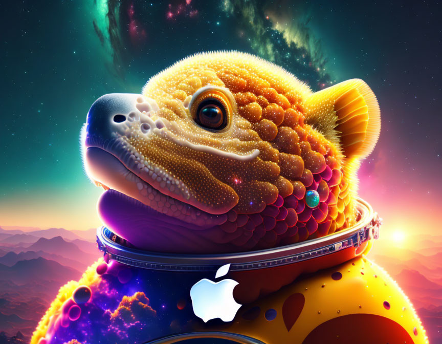 Goldfish with Dog's Head in Cosmic Landscape with Apple Logo Collar