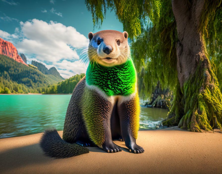 Colorful Otter Sitting on Sandy Lakeshore with Pine Trees & Mountains