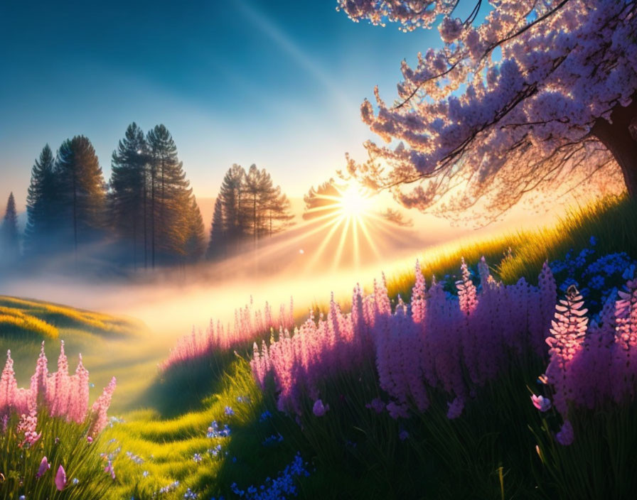 Serene sunrise over blooming meadow with mist and cherry blossom tree