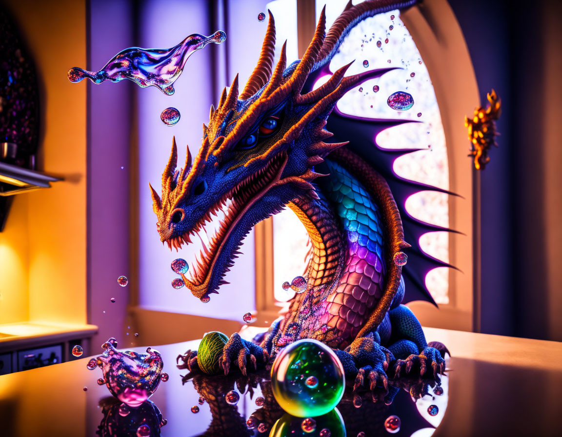 Colorful fantasy-themed image: Vibrant dragon in purple-lit room