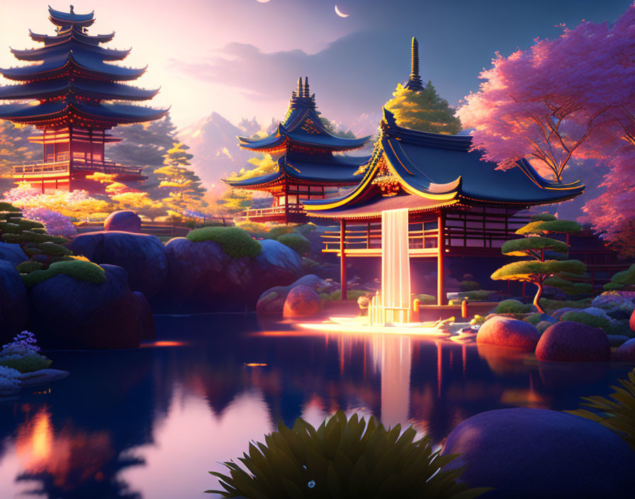 Traditional Japanese scene with pagodas, cherry blossoms, calm pond, and warm lantern light