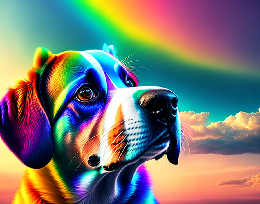 Colorful Dog Portrait with Rainbow Background: Rich Hues and Detailed Depiction