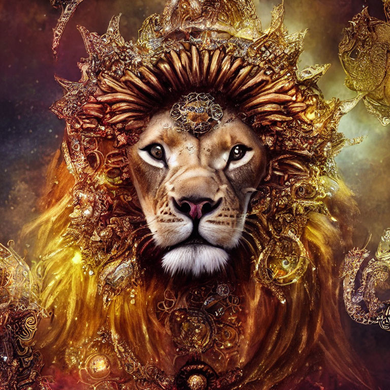 Golden-maned lion with jewel-studded headdress in cosmic setting