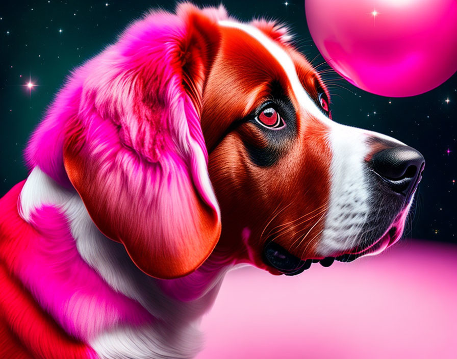 Colorful Dog Illustration with Red Eyes in Cosmic Setting