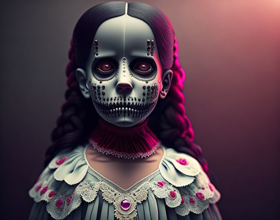 Detailed digital artwork: girl with half-human, half-robotic face in Victorian dress.