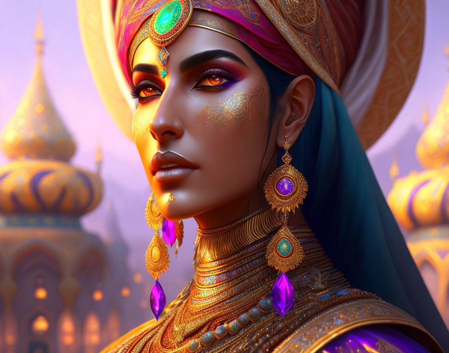 Regal woman with gold jewelry and vibrant turban in front of golden domed structures