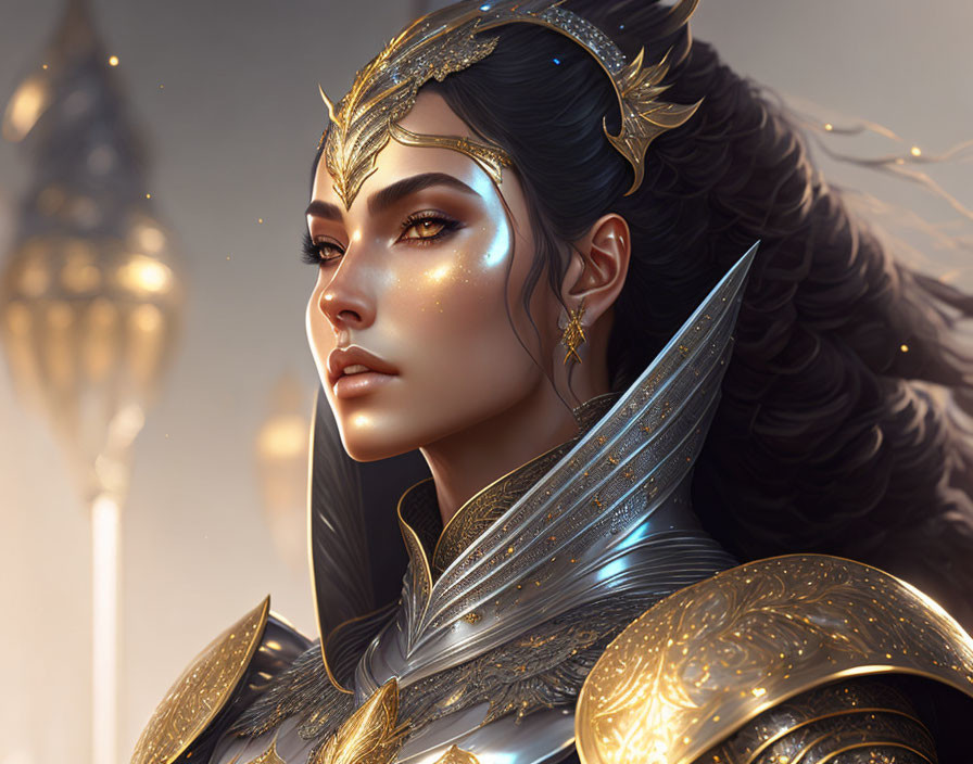 Golden-armored female character with ornate headdress in intricate detail on soft, luminous backdrop