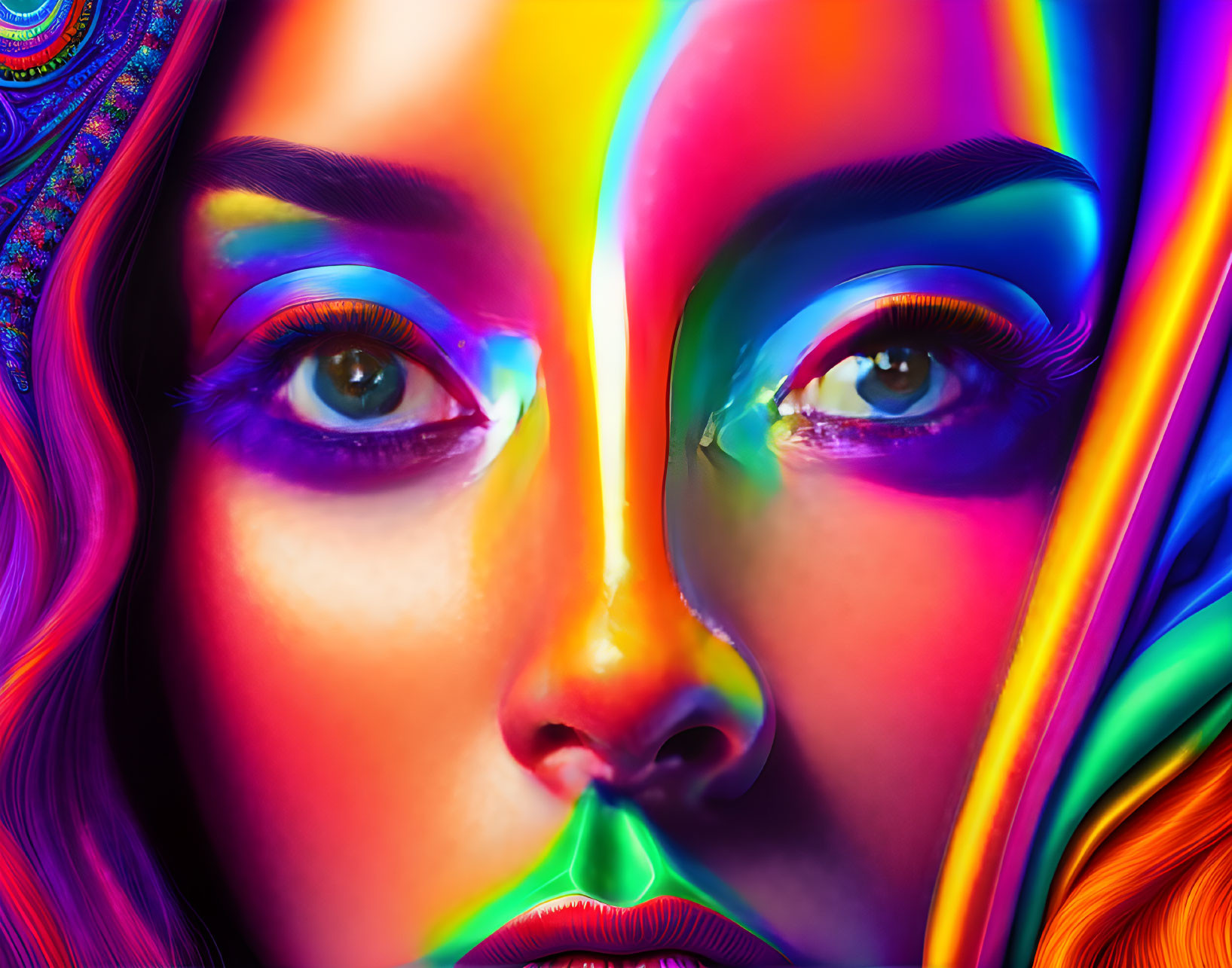 Colorful Close-Up Portrait of Woman with Psychedelic Patterns