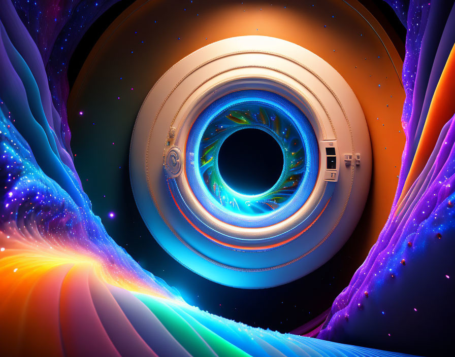 Surreal cosmic portal with swirling neon colors and starry space elements