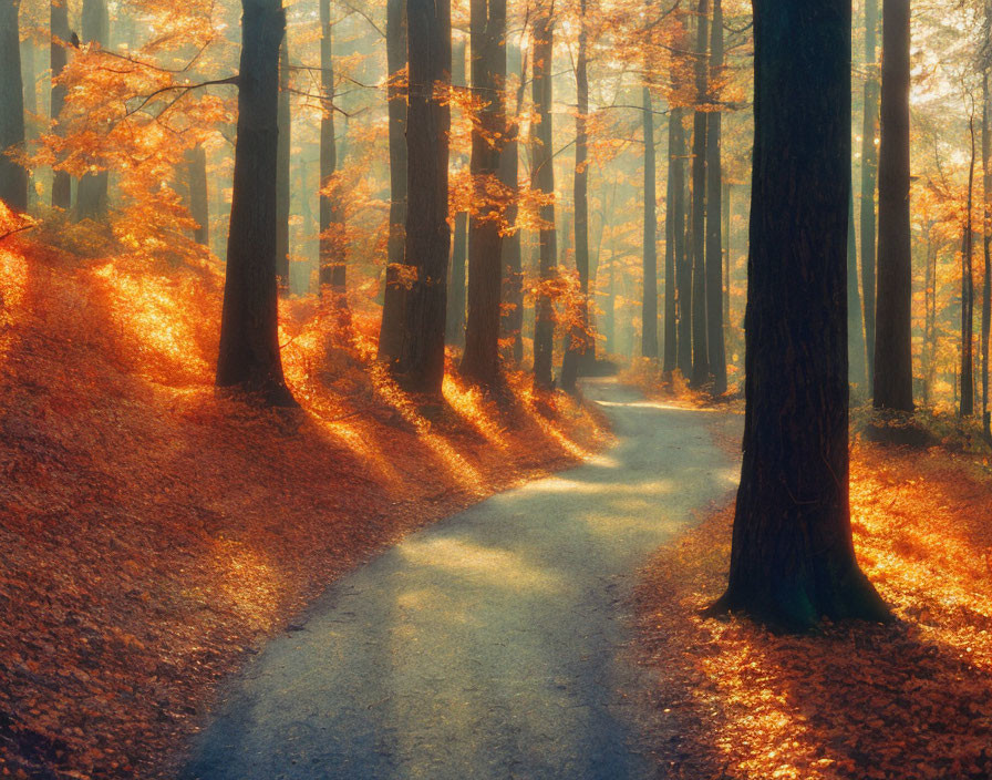 Autumn forest scene with sunlight filtering through trees