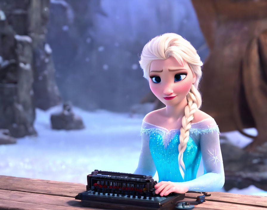 Blonde-haired female animated character typing on vintage typewriter in snowy scene