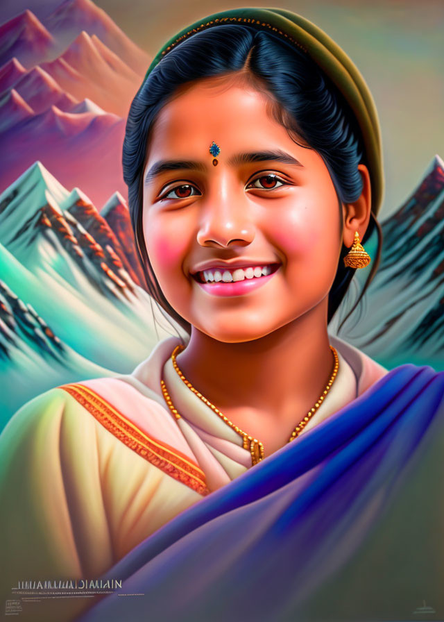 Smiling young girl in traditional Indian attire against mountain backdrop