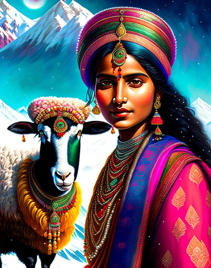 Vibrant illustration of woman in Indian attire with jewelry and sheep against mountain backdrop