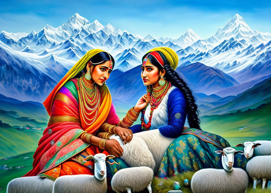 Two women in traditional attire with sheep and snowy mountains.