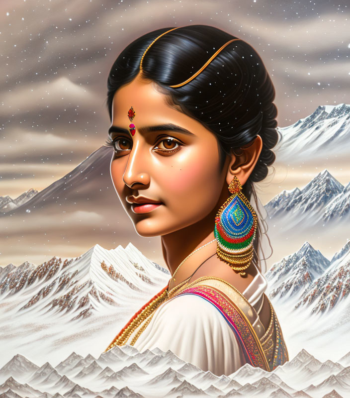 Traditional South Asian Woman Portrait Against Snowy Mountains