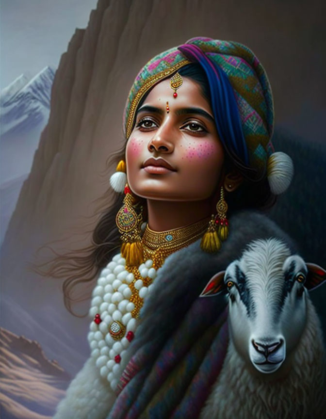 Illustrated woman in traditional attire with jewelry and headscarf, accompanied by a sheep in mountainous