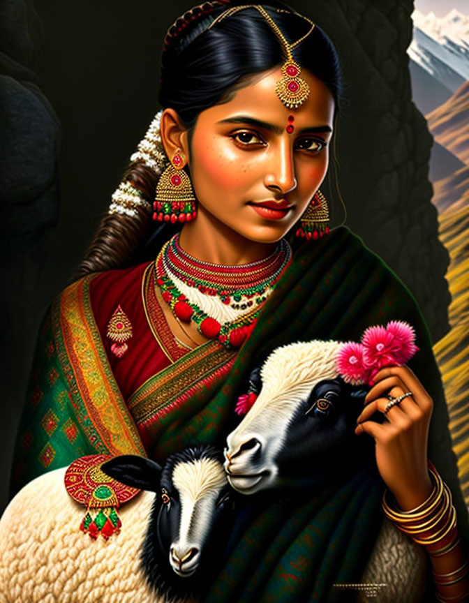 Traditional Indian Attire Woman Holding Lamb with Flower on Head