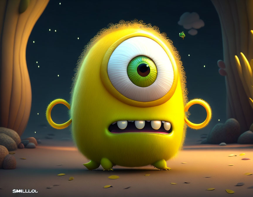 Yellow one-eyed cartoon monster in whimsical night scene