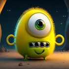 Yellow one-eyed cartoon monster in whimsical night scene