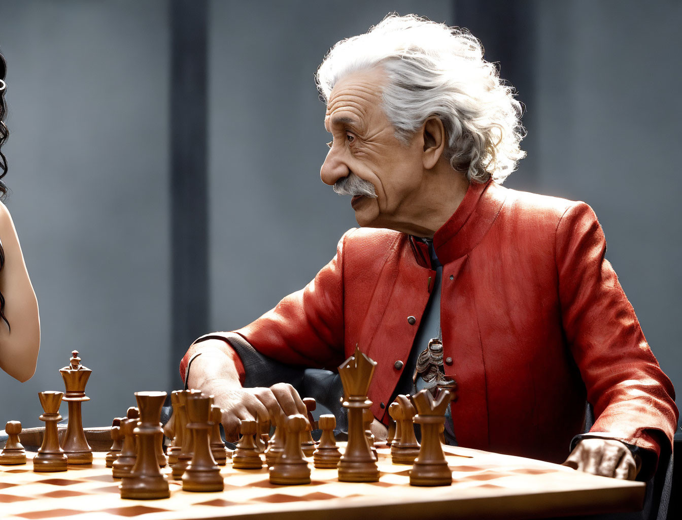 Elderly man with white hair plays chess with female opponent