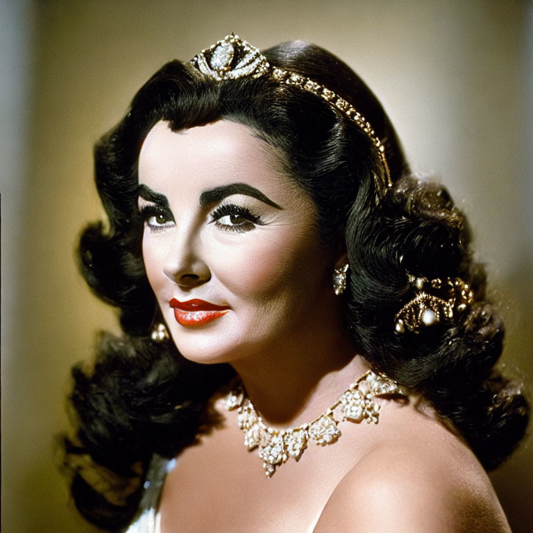 Vintage Portrait of Woman with Glamorous Makeup and Ornate Accessories