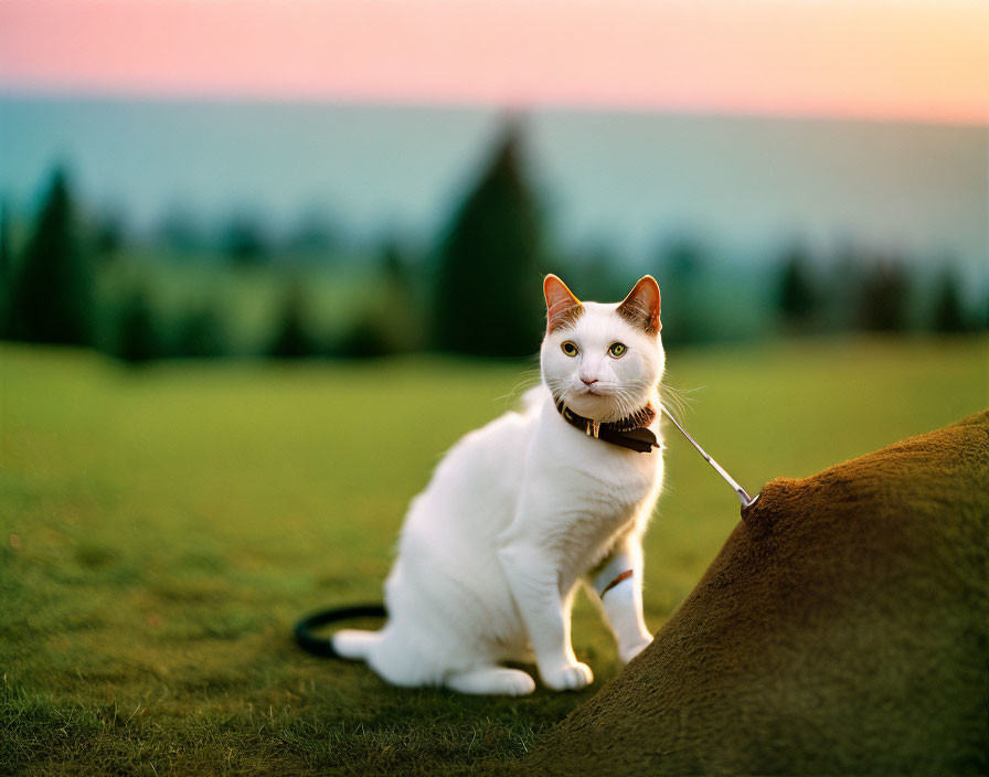 White Cat with Black Collar and Leash Sitting on Grass at Sunset