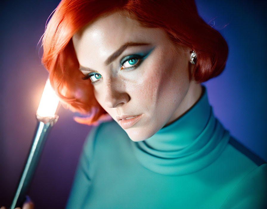 Vivid red hair woman with blue eyes holding a lit candle on blue gradient background.